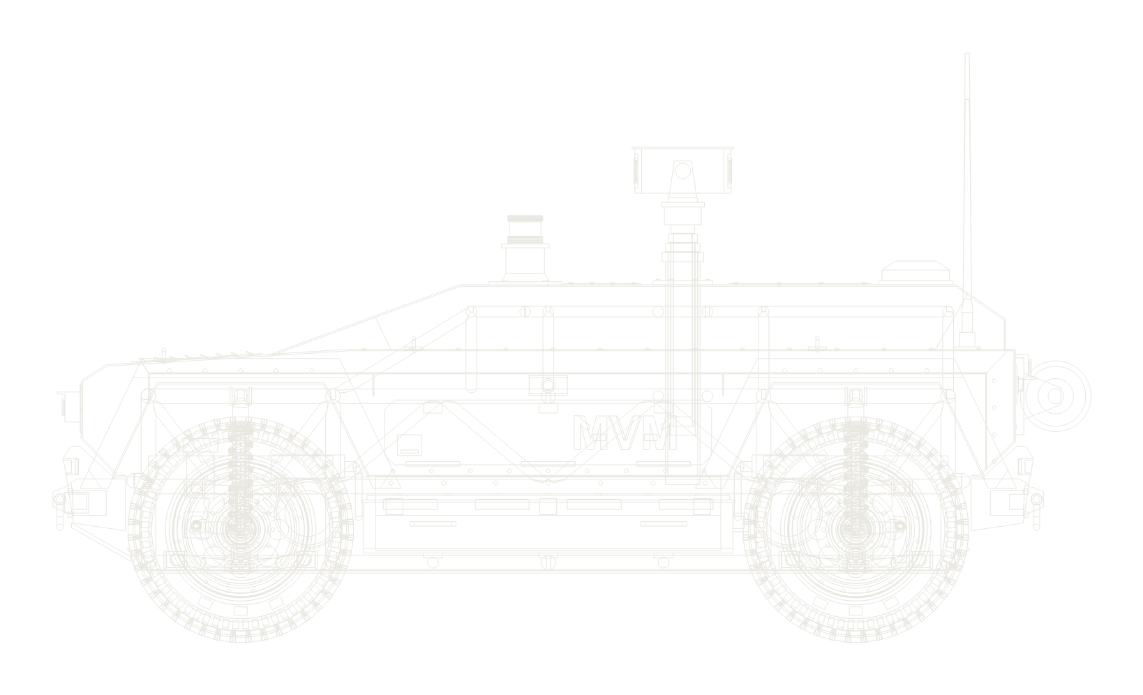 MV-1 Malinois side elevation line drawing showing the four-wheel chassis, sensor mast and antenna